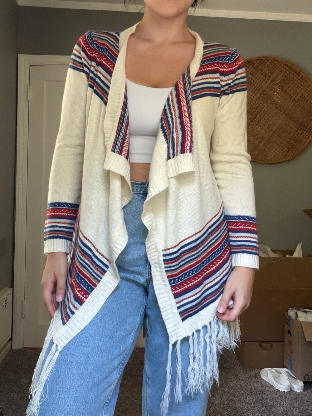 Lascana Wool Blend Cream Striped Cardigan w/ Fringe Details